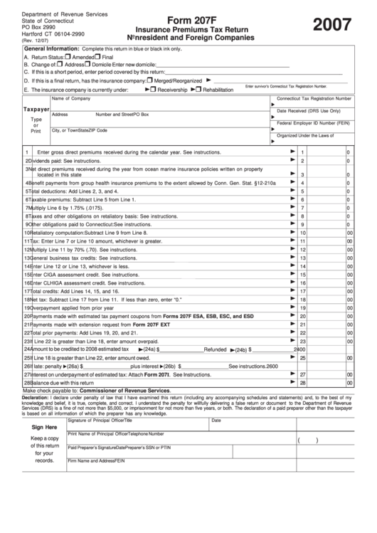 Form 207f Insurance Premiums Tax Return Nonresident And Foreign Companies 2007 Printable pdf