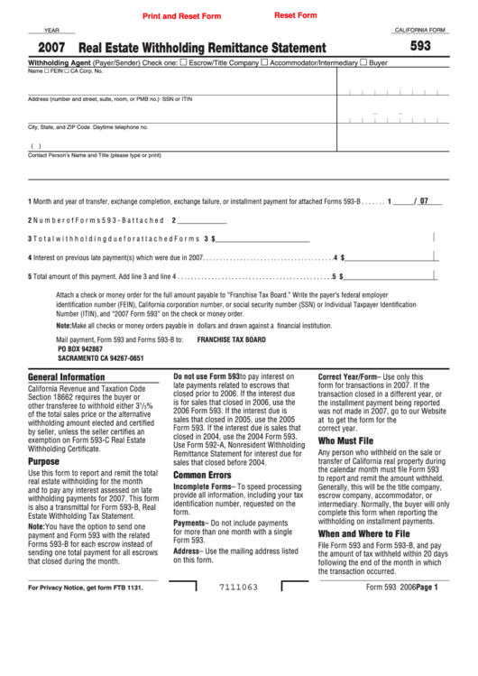 Fillable Form 593 Real Estate Withholding Remittance Statement Form 2007 Printable pdf