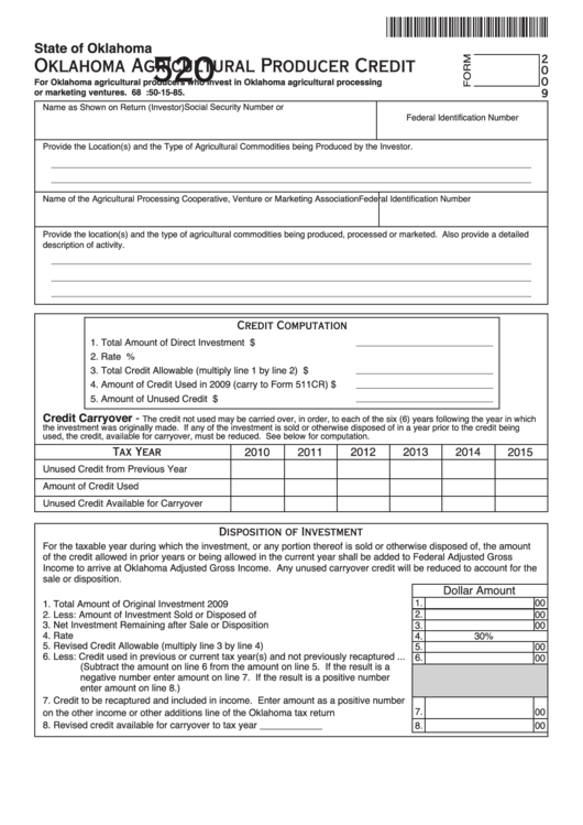 Fillable Form 520 - Oklahoma Agricultural Producer Credit - 2009 Printable pdf