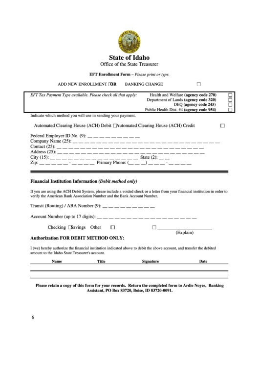 Eft Enrollment Form For Add New Enrollment Or Banking Change - Idaho State Treasurer Printable pdf