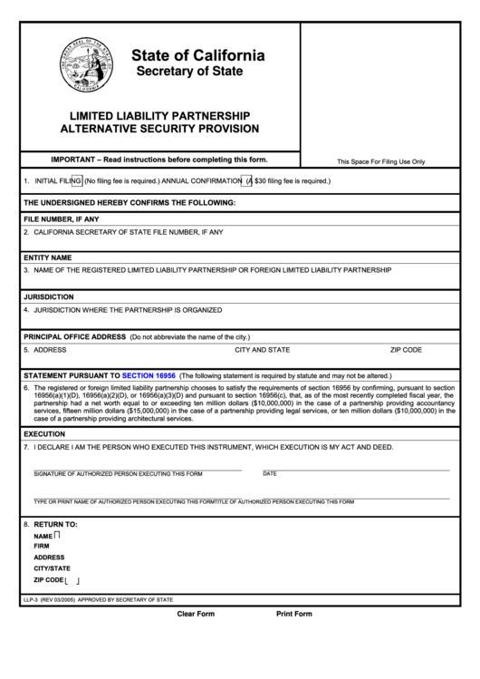 Fillable Form Llp-3 - Limited Liability Partnership Alternative Security Provision - State Of California Printable pdf