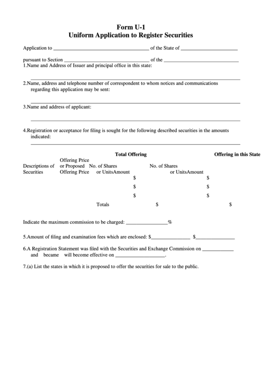 Fillable Form U-1 - Uniform Application To Register Securities Printable pdf