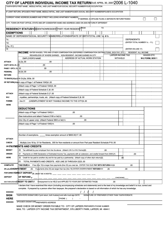 Form L-1040 - Individual Income Tax Return - City Of Lapeer - 2006 Printable pdf