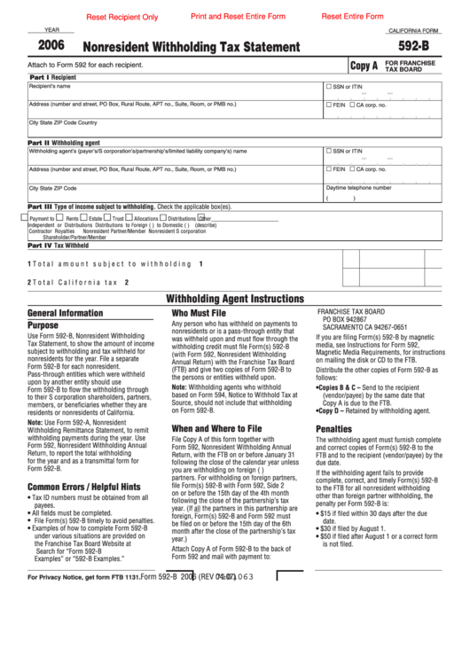 Fillable California Form 592-B - Nonresident Withholding Tax Statement - 2006 Printable pdf