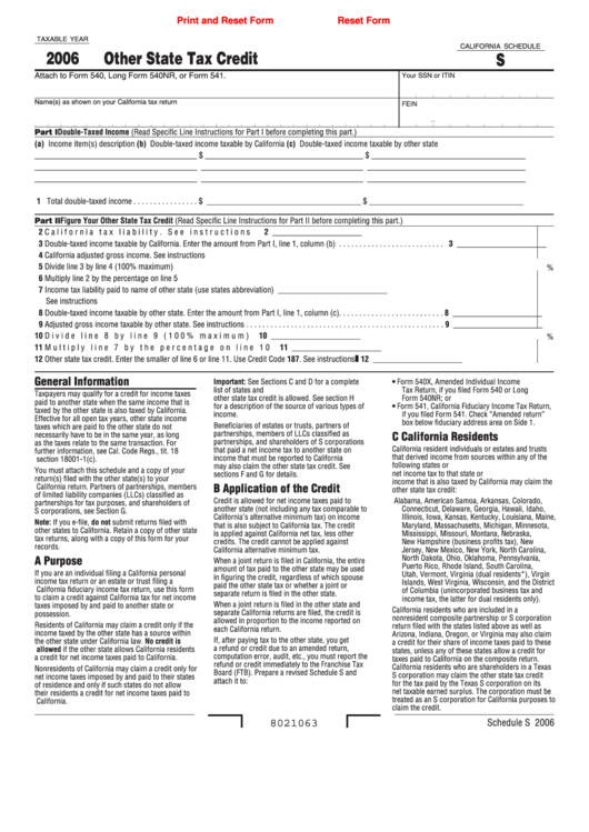 Fillable California Schedule S - Other State Tax Credit Form - 2006 Printable pdf