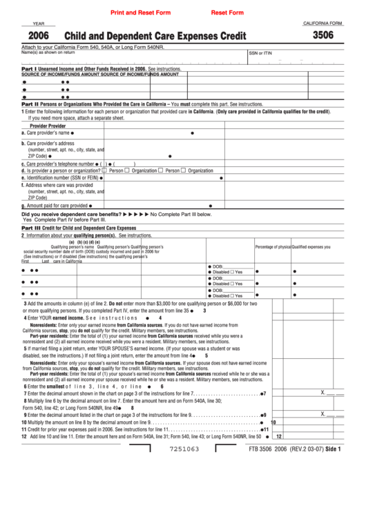 Fillable California Form 3506 - Child And Dependent Care Expenses Credit - 2006 Printable pdf