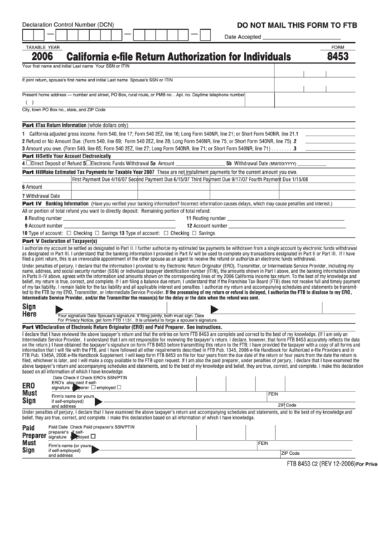 Form 8453 - California E-File Return Authorization For Individuals - 2006 Printable pdf