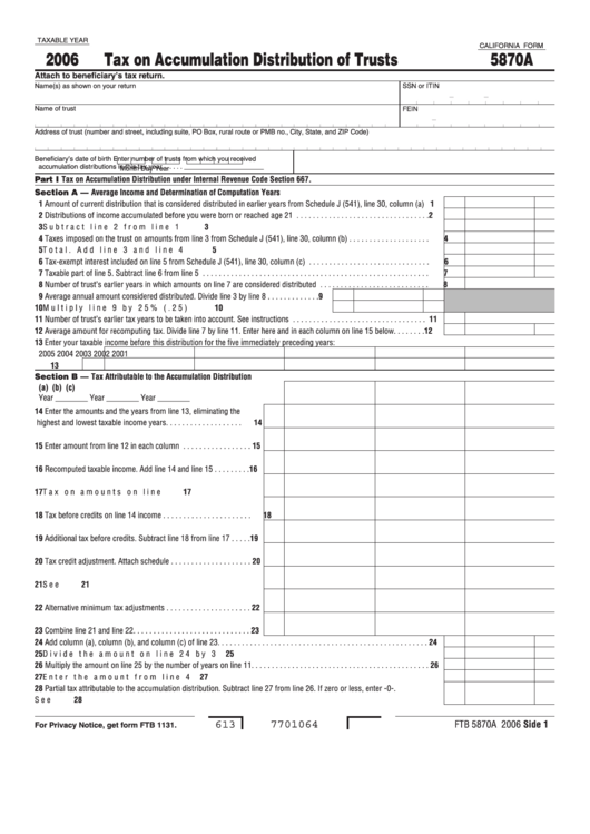 California Form 5870a - Tax On Accumulation Distribution Of Trusts - 2006 Printable pdf