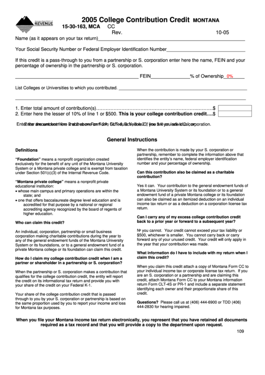 Fillable Montana Form Cc - College Contribution Credit - 2005 Printable pdf