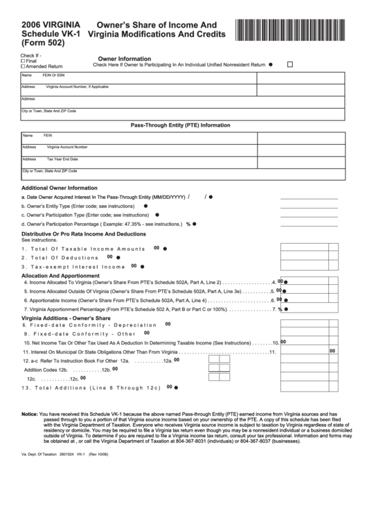 Form 502 - Virginia Schedule Vk-1 - Owner