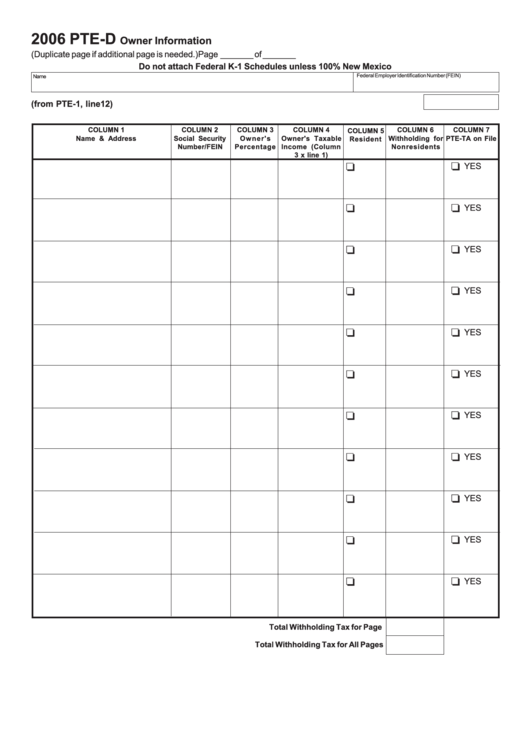 Form Pte-D - Owner Information - New Mexico Taxable Income - 2006 ...