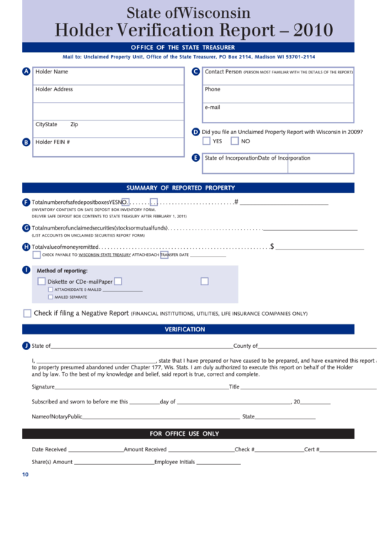 Holder Verification Report - Wisconsin State Treasurer - 2010 Printable pdf