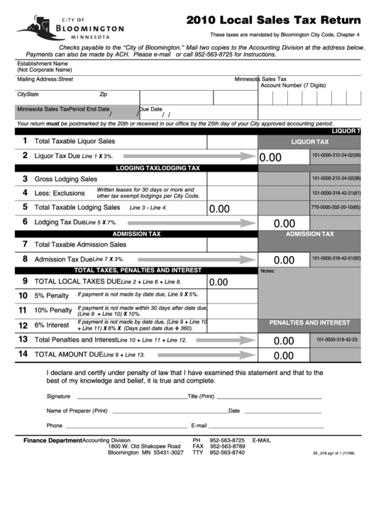 Fillable Local Sales Tax Return Form - City Of Bloomington - 2010 Printable pdf