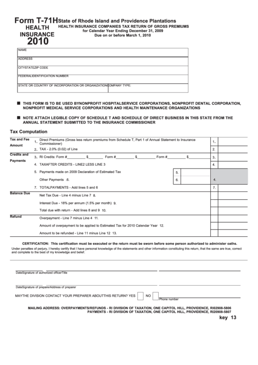 Form T-71h - Health Insurance Companies Tax Return Of Gross Premiums - 2010 Printable pdf
