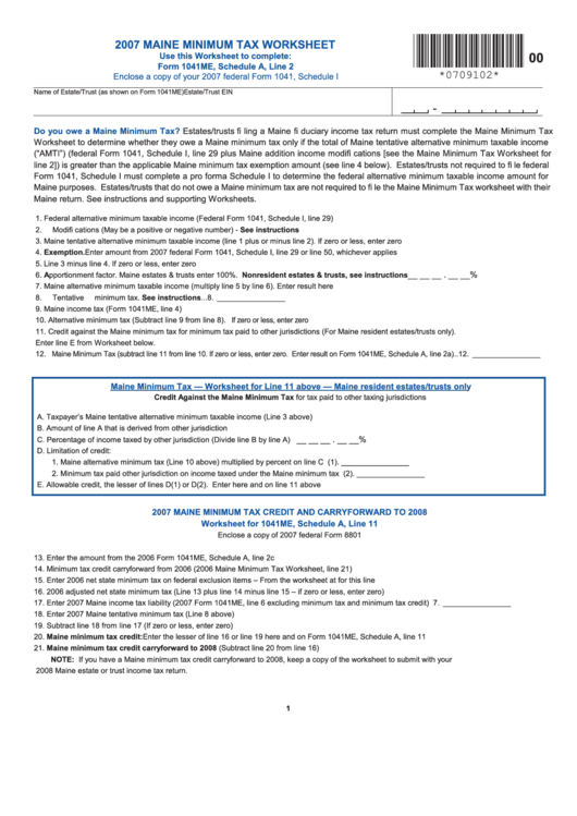 Maine Minimum Tax Worksheet - 2007 Printable pdf