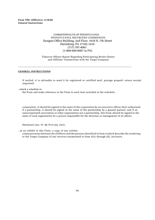 Form Tdl-1 - Takeover Offeror Report Regarding Participating Broker-Dealer And Affiliate Transactions With The Target Company Printable pdf