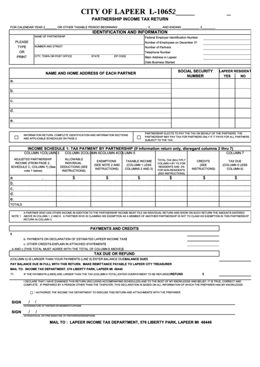 Form L-1065 - Partnership Income Tax Return Printable pdf