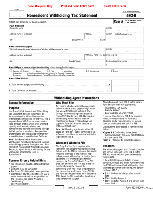 Fillable Form 592-B - Nonresident Withholding Tax Statement - 2005 Printable pdf