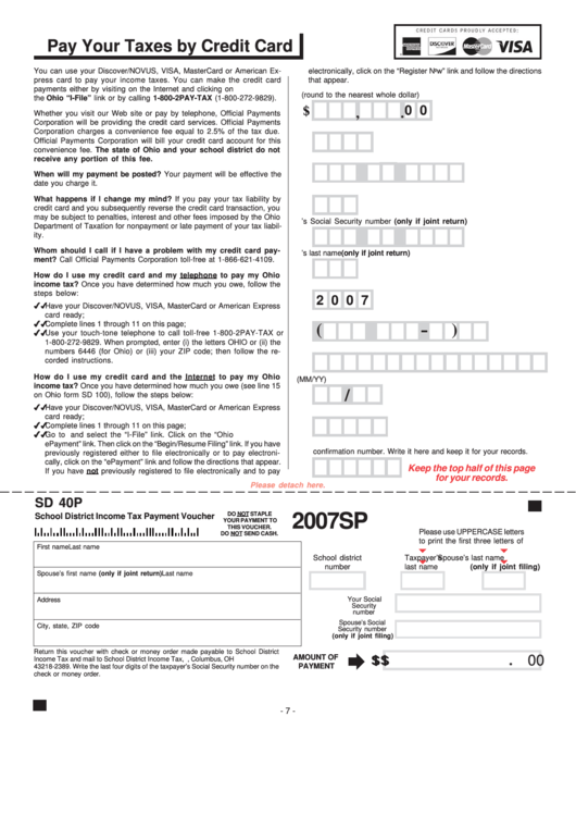 Fillable Form Sd 40p - School District Income Tax Payment Voucher - 2007 Printable pdf