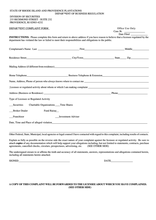 Department Complaint Form - Rhode Island Department Of Business Regulation Printable pdf