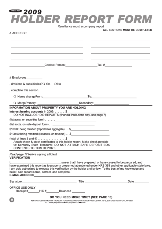 Form Treas 400 - Holder Report Form - 2009 Printable pdf