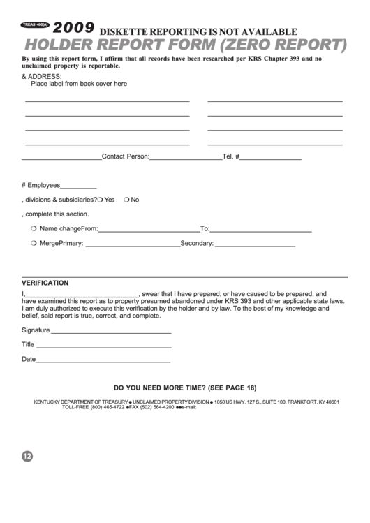 Form Treas 400(A) - Holder Report (Zero Report) - 2009 Printable pdf