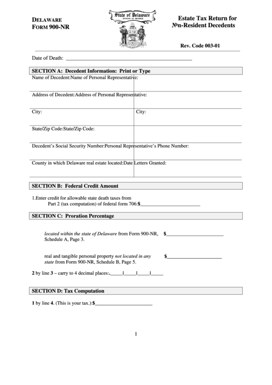 Fillable Delaware Form 900-Nr - Estate Tax Return For Non-Resident Decedents Printable pdf