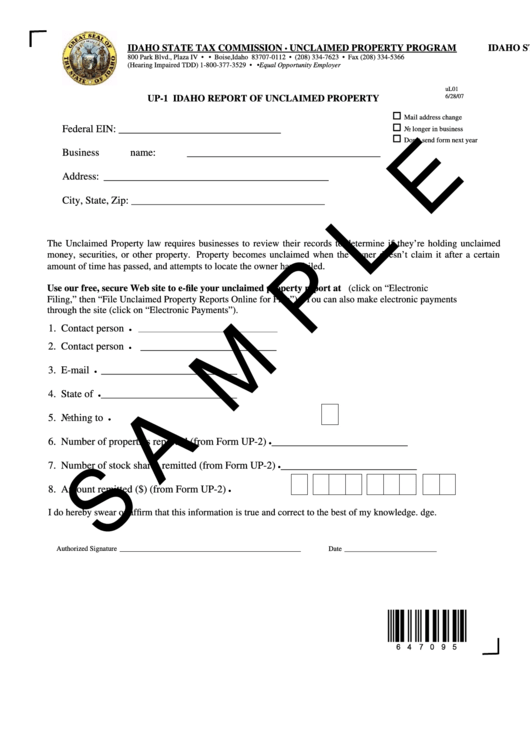 Form Up-1 - Idaho Report Of Unclaimed Property Printable pdf