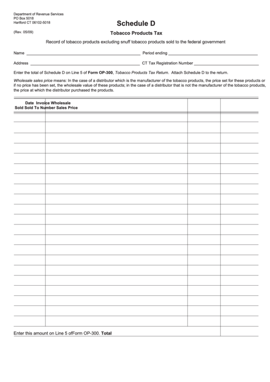 Schedule D - Tobacco Products Tax Form - Connecticut Department Of Revenue Services Printable pdf