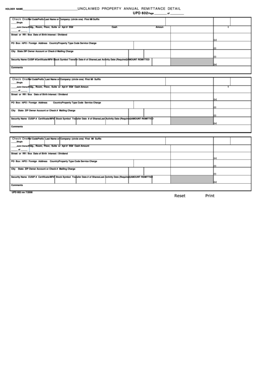 Fillable Upd 602 - Unclaimed Property Annual Remittance Detail Form Printable pdf