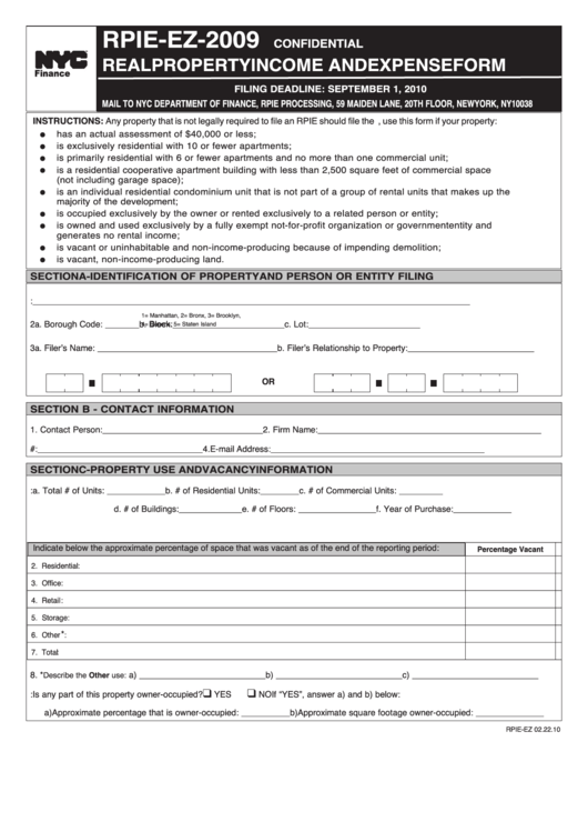 Form Rpie-Ez - Real Property Income And Expense Form - 2009 Printable pdf