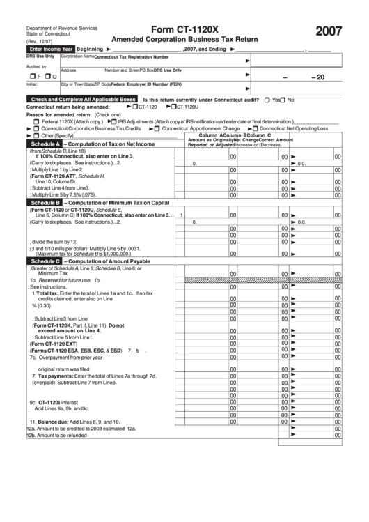 Form Ct-1120x - Amended Corporation Business Tax Return - 2007 Printable pdf