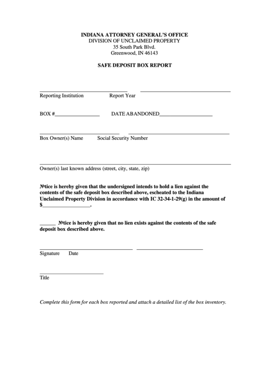 Fillable Safe Deposit Box Report Template Indiana Printable pdf