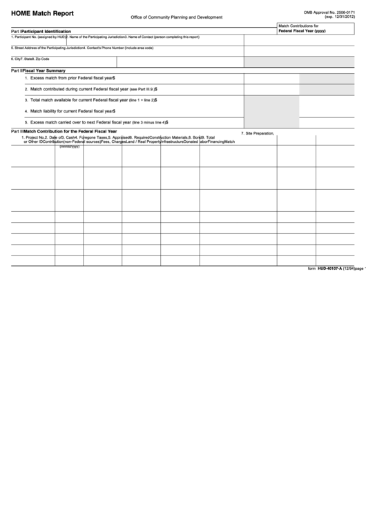 Fillable Form Hud-40107-A Home Match Report - U.s. Department Of Housing And Urban Development Printable pdf