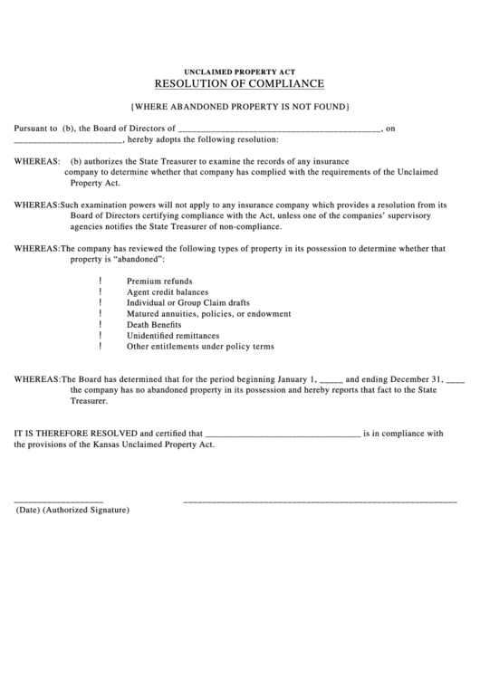Resolution Of Compliance (Where Abandoned Property Is Not Found) Template Printable pdf