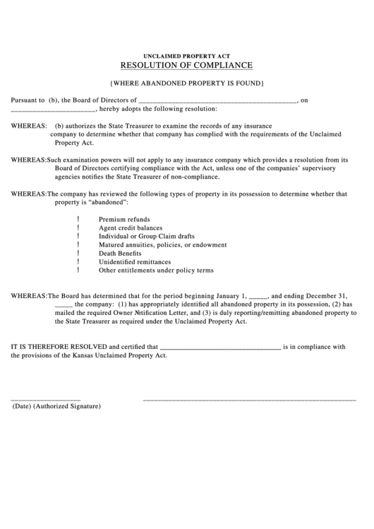 Resolution Of Compliance (Where Abandoned Property Is Found) Template Printable pdf