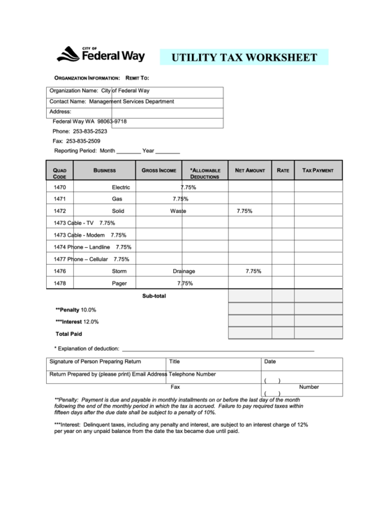 Utility Tax Worksheet - City Of Federal Way Printable pdf