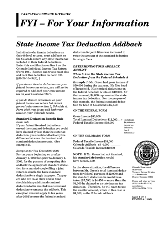 State Income Tax Deduction Addback Instruction Form - 2006 Printable pdf