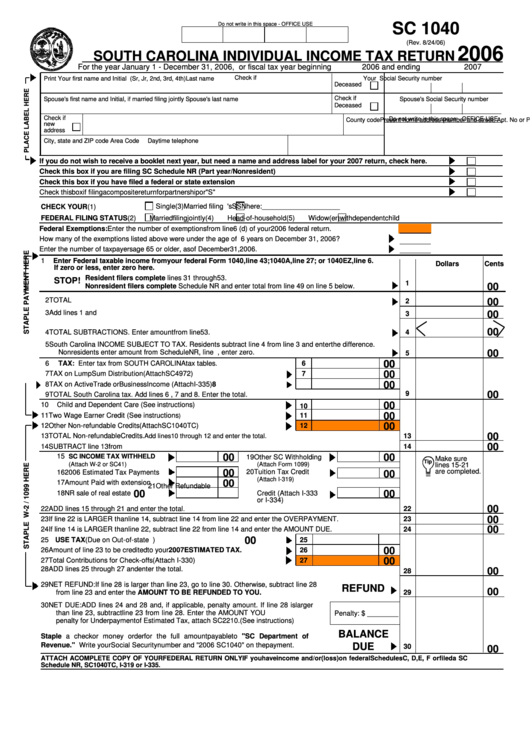 Sc 1040 South Carolina Individual Income Tax Return Form 2006 Printable pdf