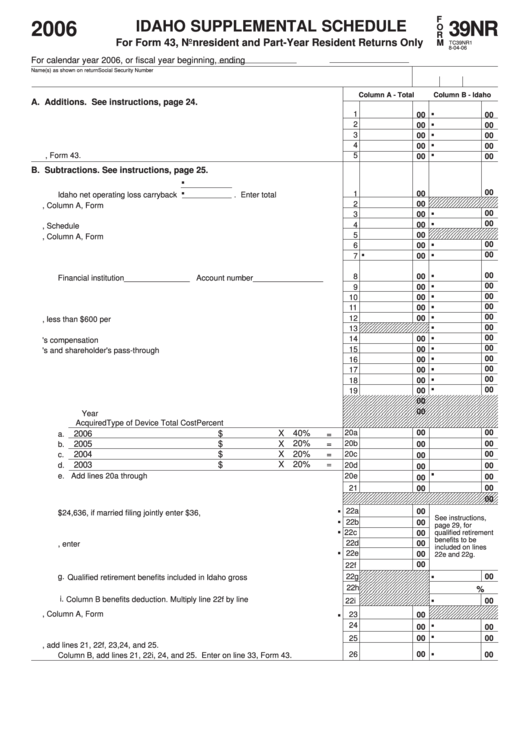 Fillable Form 39nr - Idaho Supplemental Schedule - 2006 Printable pdf