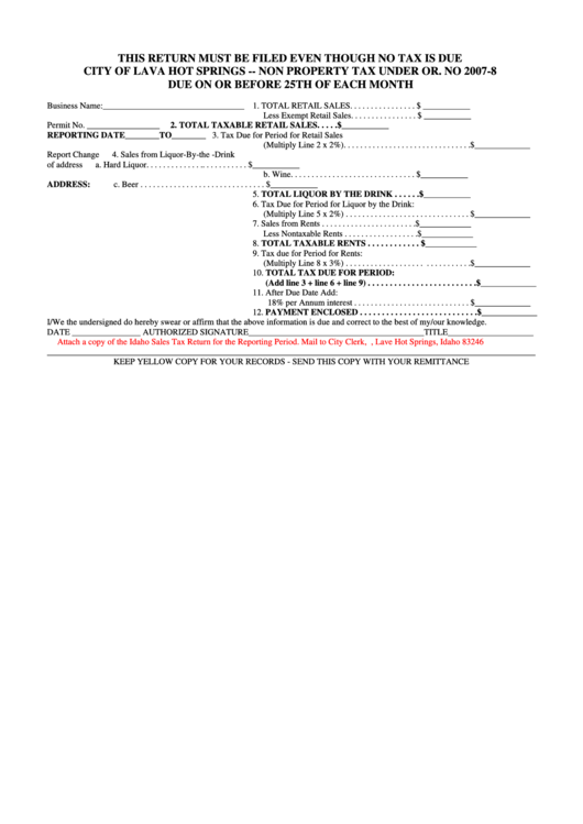 Non Property Tax Form - City Of Lava Hot Springs Printable pdf