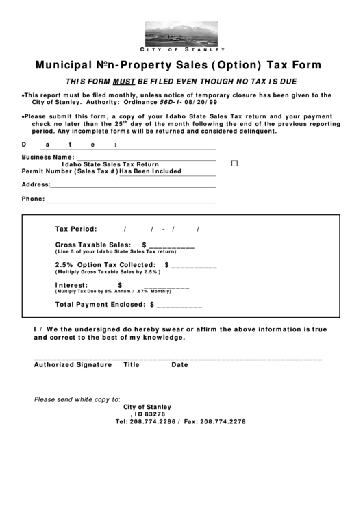 Municipal Non-Property Sales (Option) Tax Form - City Of Stanley Printable pdf