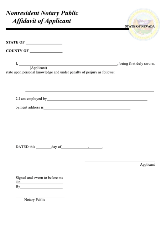 Nonresident Notary Public Affidavit Of Applicant Form - State Of Nevada Printable pdf