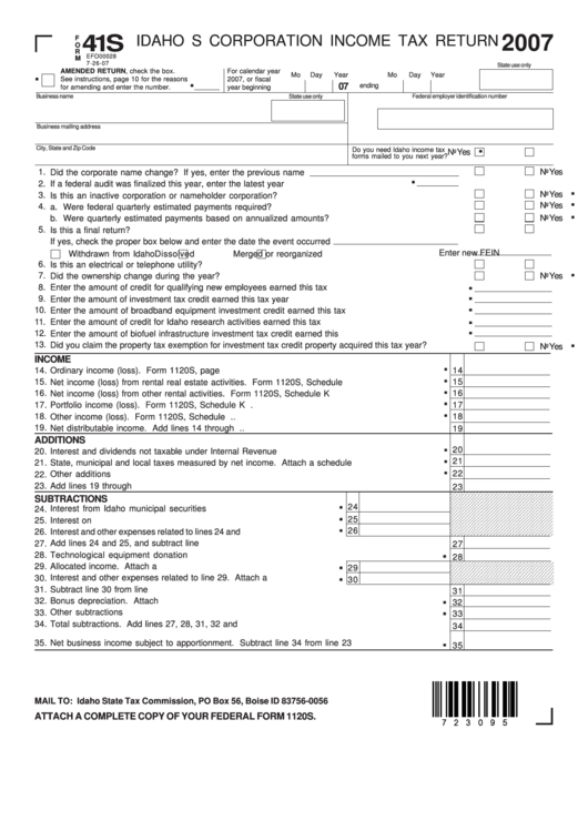 Fillable Form 41s - Idaho S Corporation Income Tax Return - 2007 Printable pdf