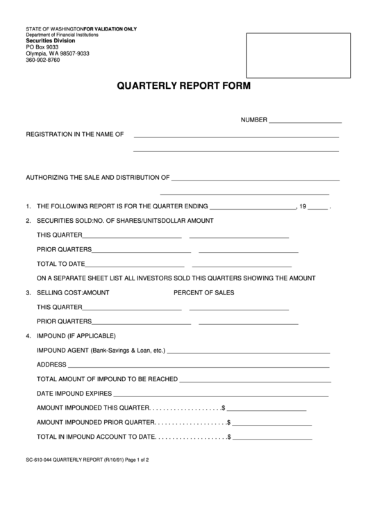 Quarterly Report Form - Washington For Validation Only Department Of Financial Institutions