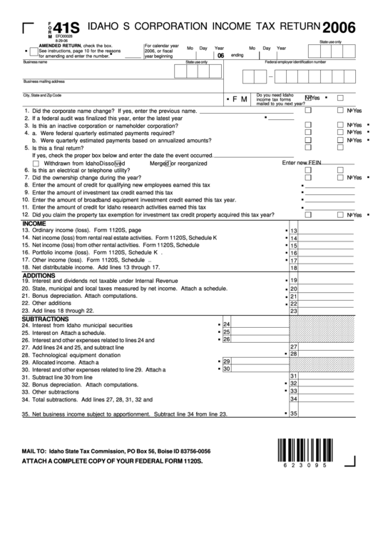 Form 41s - Idaho S Corporation Income Tax Return - 2006 Printable pdf