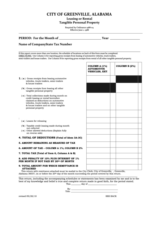 Leasing Or Rental Tangible Personal Property Form - City Of Greenville Printable pdf