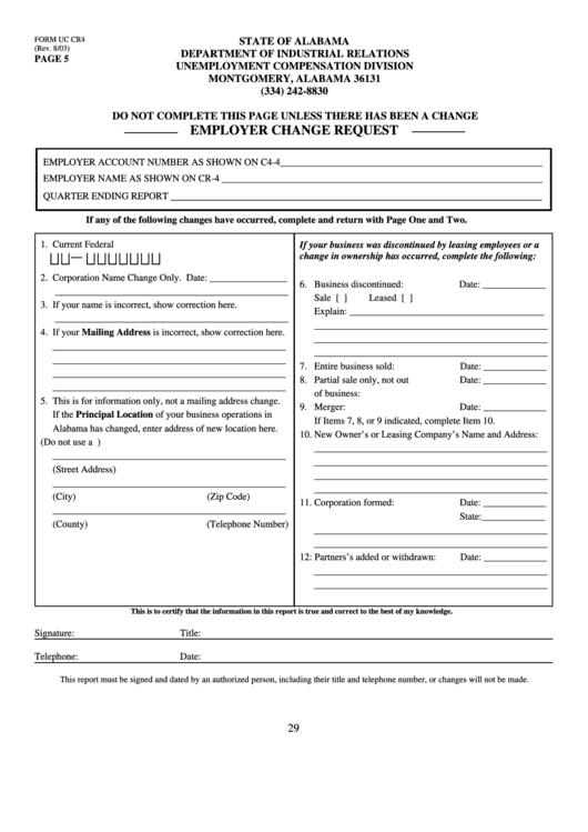 Form Uc Cr4 - Employer Change Request - Alabama Department Of Industrial Relations Printable pdf