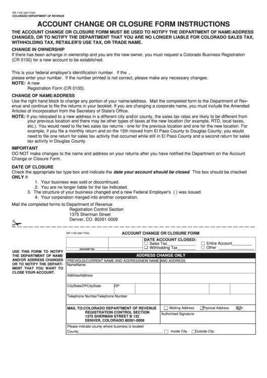 Form Dr 1102 - Account Change Or Closure Form - Colorado - 2004 Printable pdf