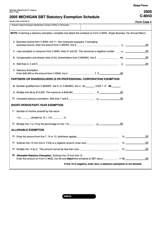 Fillable Form C-8043 - Michigan Sbt Statutory Exemption Schedule - 2005 Printable pdf
